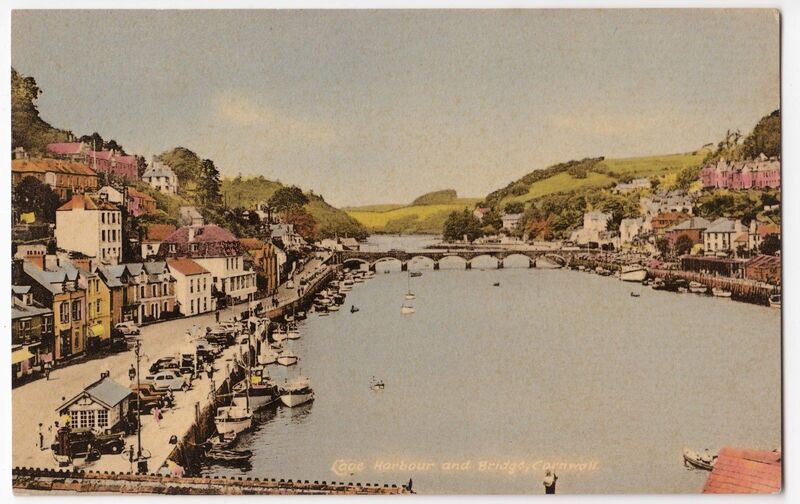 Hand tinted postcard looking up the Looe river